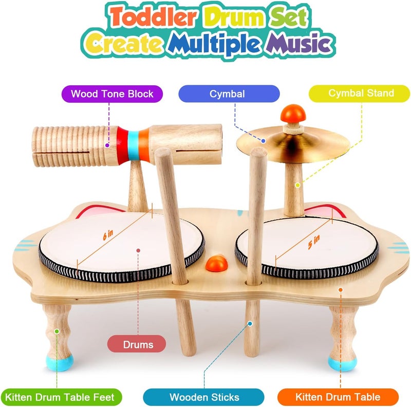 wingyz Store Kids Drum Set – 6-in-1 Wooden Musical Instruments for Toddlers 1–3, Montessori Baby Music Set with Drums, Cymbal & Tone Block, FSC-Certified Cat Design Table for Home & Classroom Learning Gift - Image 5